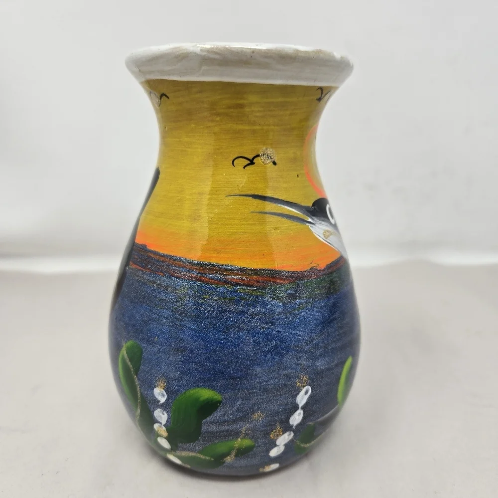 Sea life Ceramic Vase Fish Sea Weed Ocean Sunset Hand Painted Bird Bright Bold